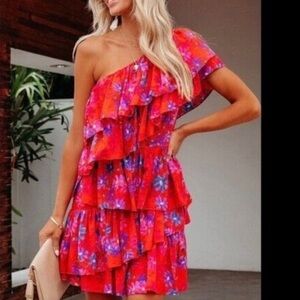 NEW Endless Rose Multi Flower Ruffle Tiered Mini Dress in Red Size Large